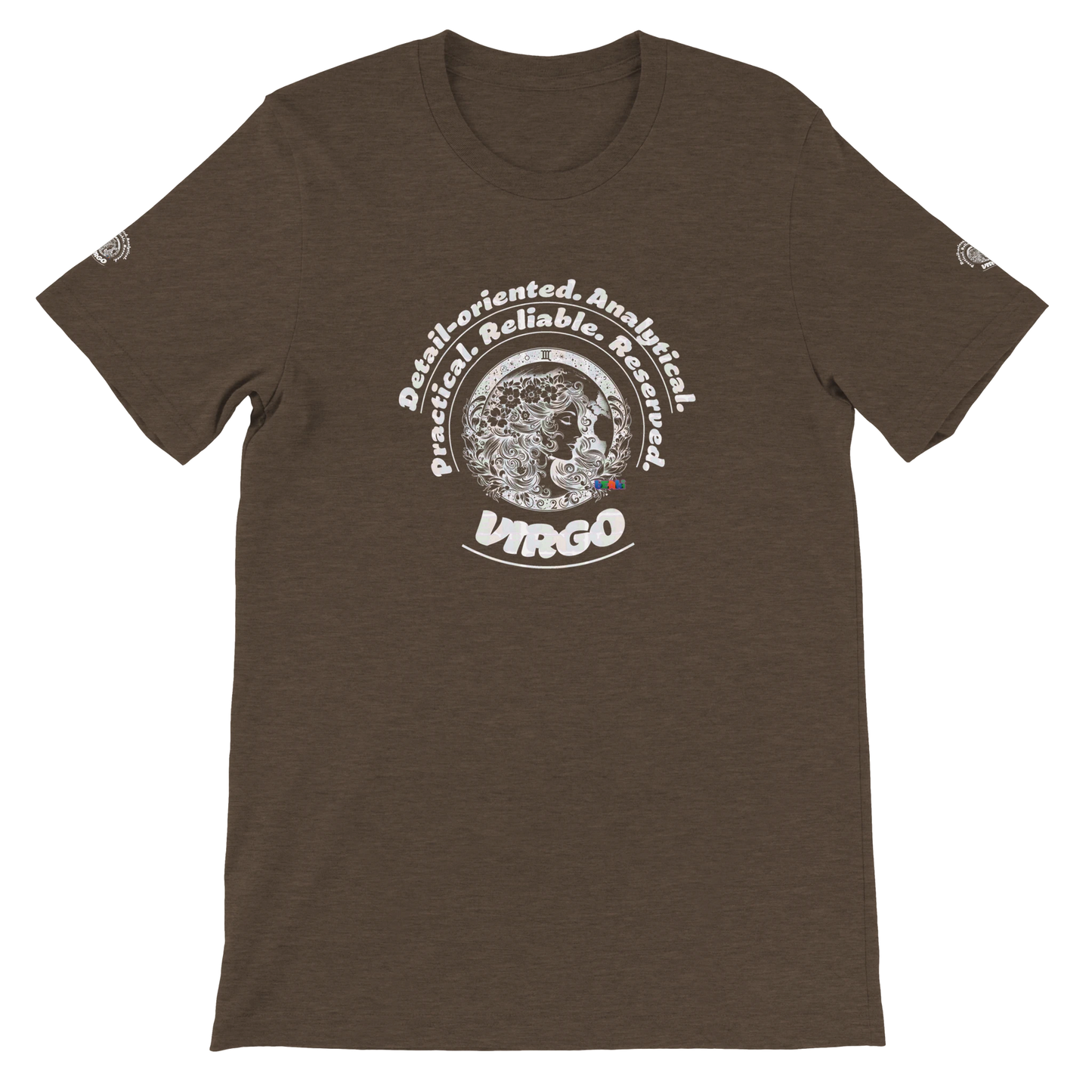 Brown unisex crewneck T-shirt with Virgo Astrology design Characters of Detail-oriented Analytical Practical Reliable Reserved