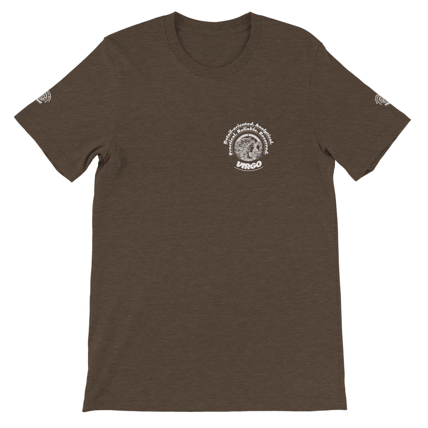 Brown unisex crewneck T-shirt with Virgo Astrology design Characters of Detail-oriented Analytical Practical Reliable Reserved