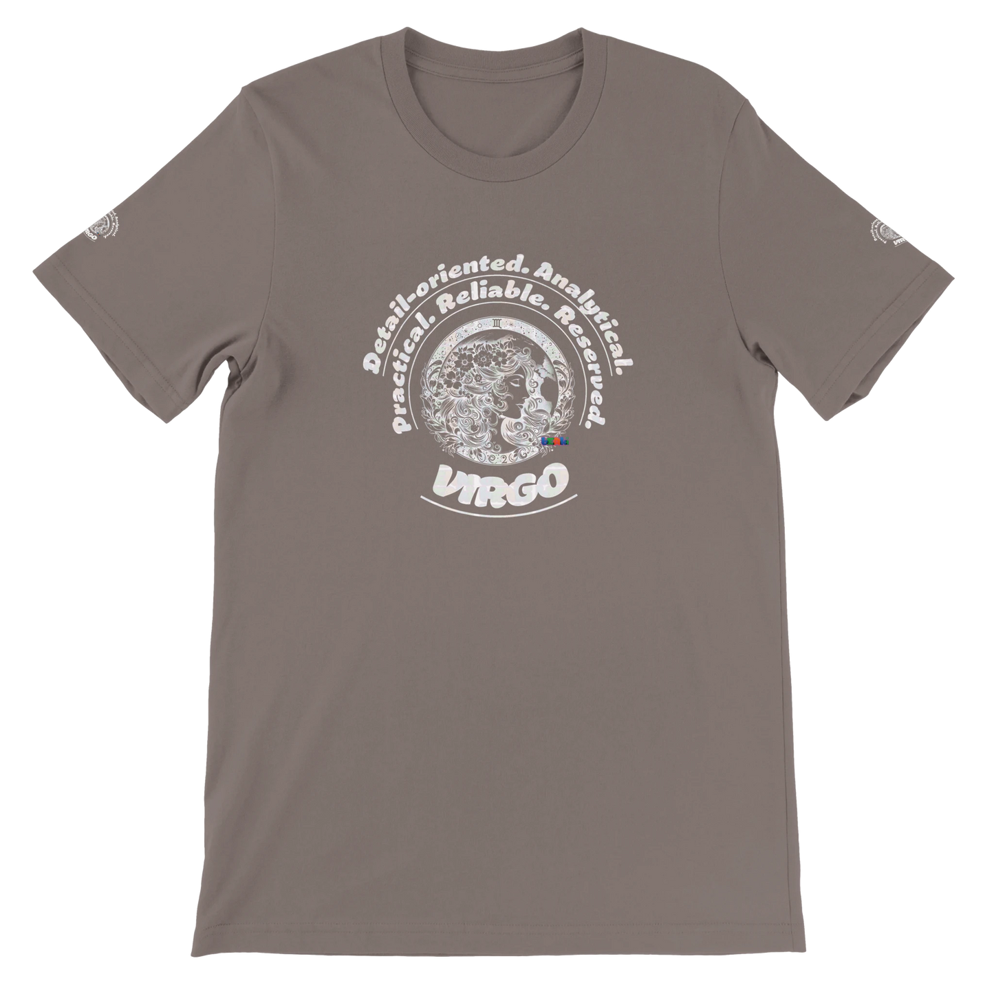 Brown unisex crewneck T-shirt with Virgo Astrology design Characters of Detail-oriented Analytical Practical Reliable Reserved