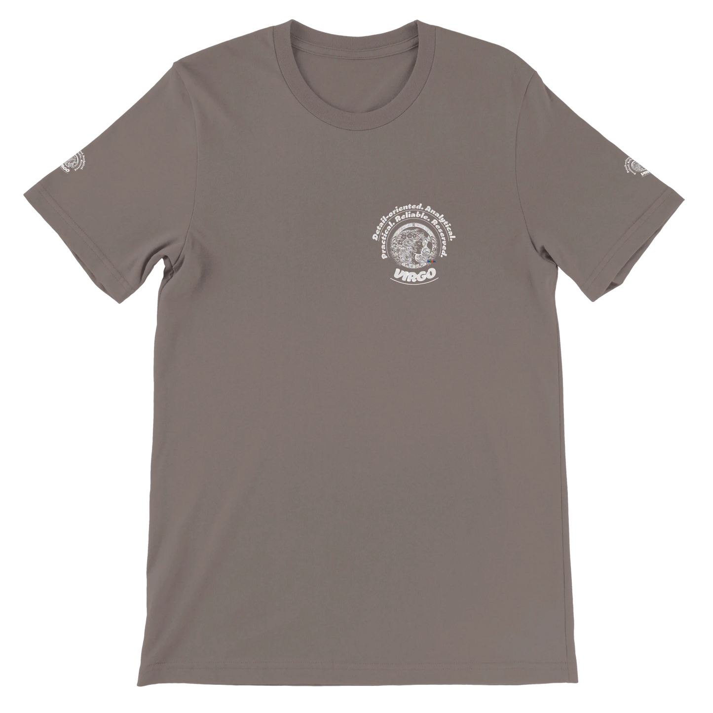 Brown unisex crewneck T-shirt with Virgo Astrology design Characters of Detail-oriented Analytical Practical Reliable Reserved