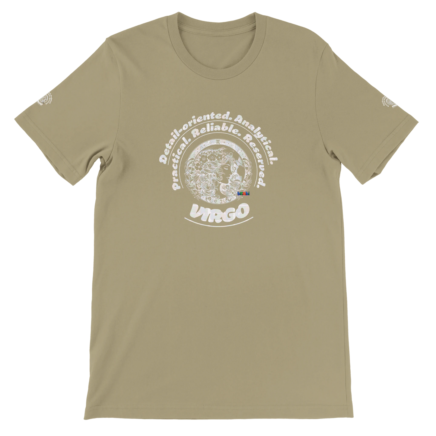 Brown unisex crewneck T-shirt with Virgo Astrology design Characters of Detail-oriented Analytical Practical Reliable Reserved