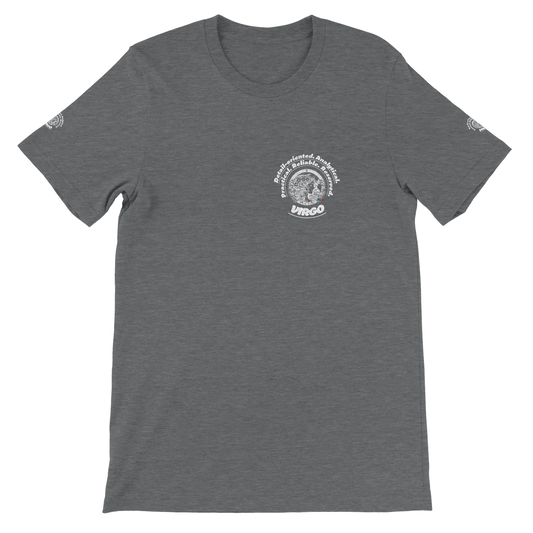 Gray unisex T-shirt with Virgo Zodiac Astrology design. Detail-oriented. Motto of If you can't measure it, it doesn't exist!