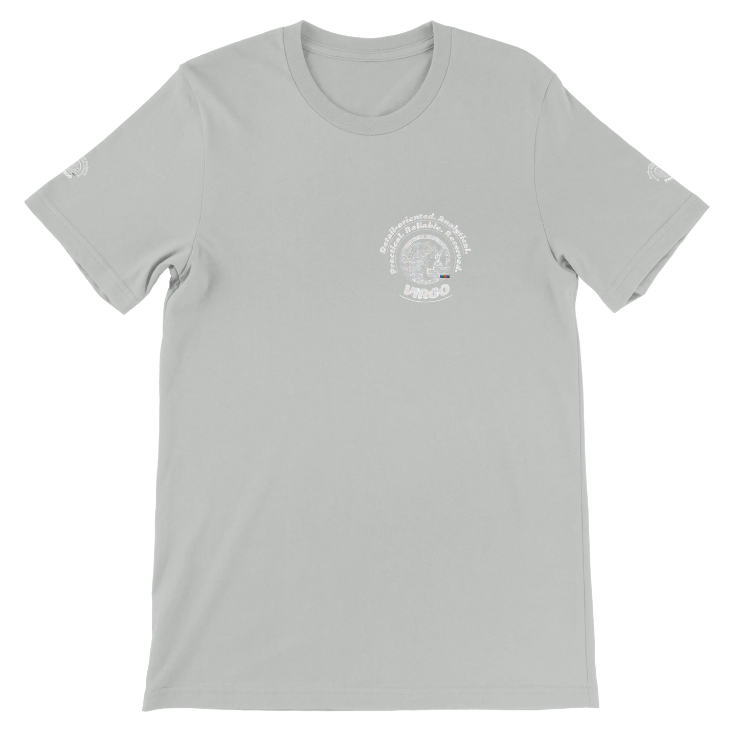 Gray unisex T-shirt with Virgo Zodiac Astrology design. Detail-oriented. Motto of If you can't measure it, it doesn't exist!