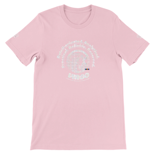 Pink unisex crewneck T-shirt with Virgo Logo zodiac, perfect birthday gift for astrology lovers, soft and stylish for all.