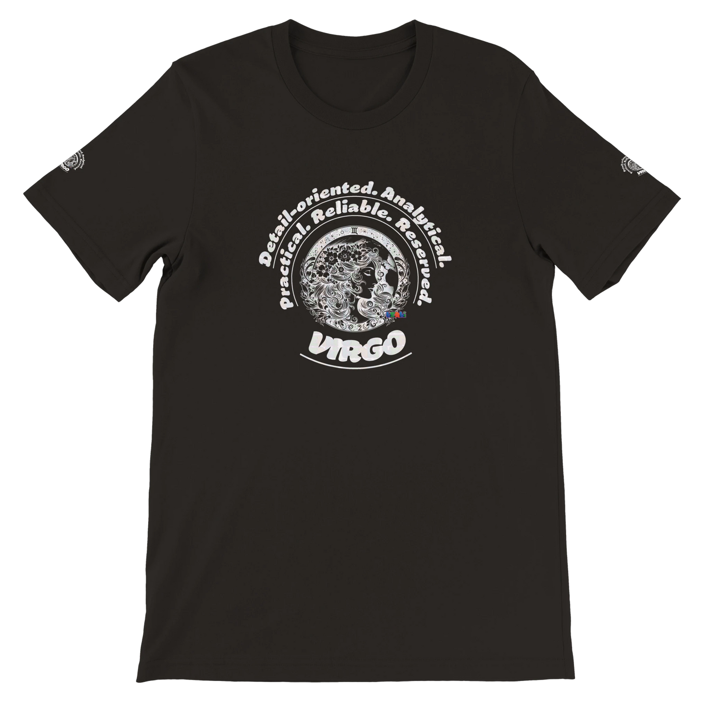 Black unisex crewneck Premum T-shirt with Virgo zodiac sign, perfect birthday gift for astrology lover by trendybuybest.com