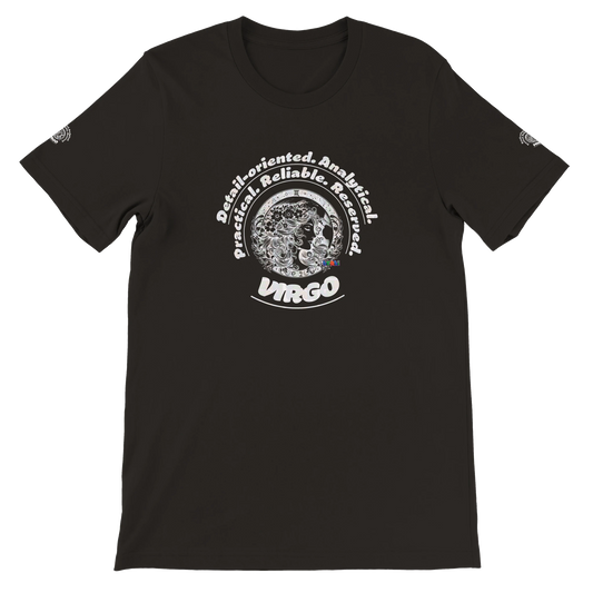 Black unisex crewneck Premum T-shirt with Virgo zodiac sign, perfect birthday gift for astrology lover by trendybuybest.com
