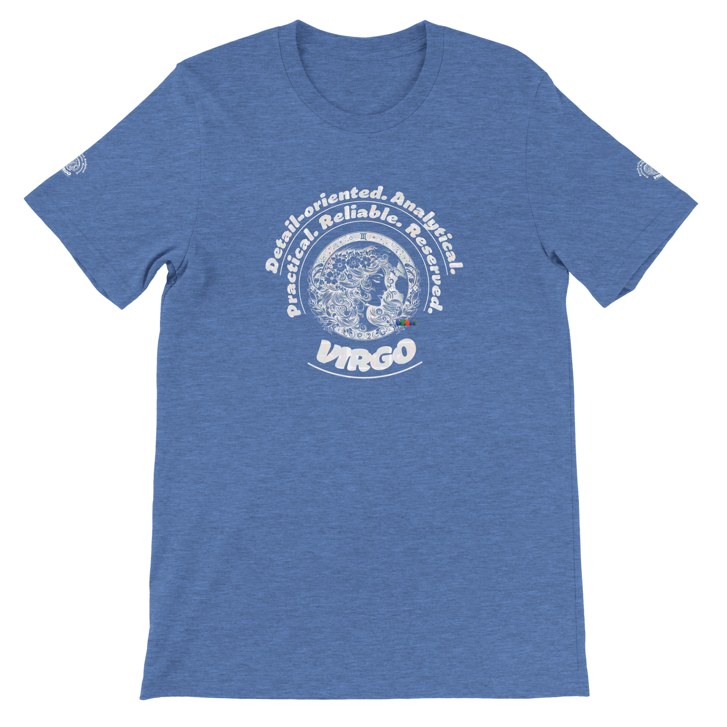 Blue unisex crewneck T-shirt with Virgo Astrology design Characters of Detail-oriented Analytical Practical Reliable Reserved