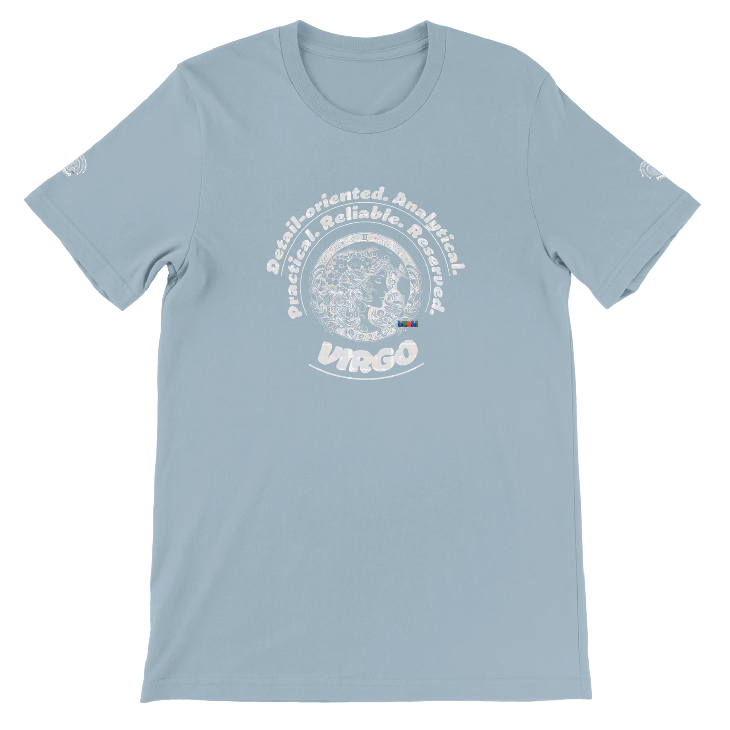 Blue unisex crewneck T-shirt with Virgo Astrology design Characters of Detail-oriented Analytical Practical Reliable Reserved