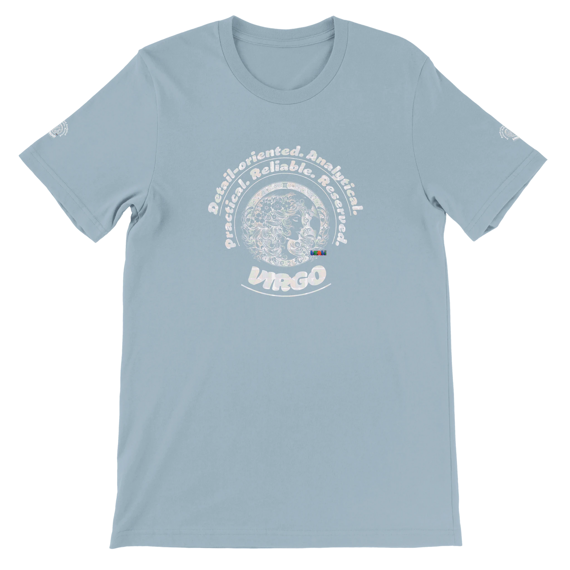 Blue unisex crewneck T-shirt with Virgo Astrology design Characters of Detail-oriented Analytical Practical Reliable Reserved