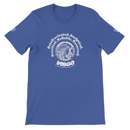 Blue unisex crewneck T-shirt with Virgo Astrology design Characters of Detail-oriented Analytical Practical Reliable Reserved