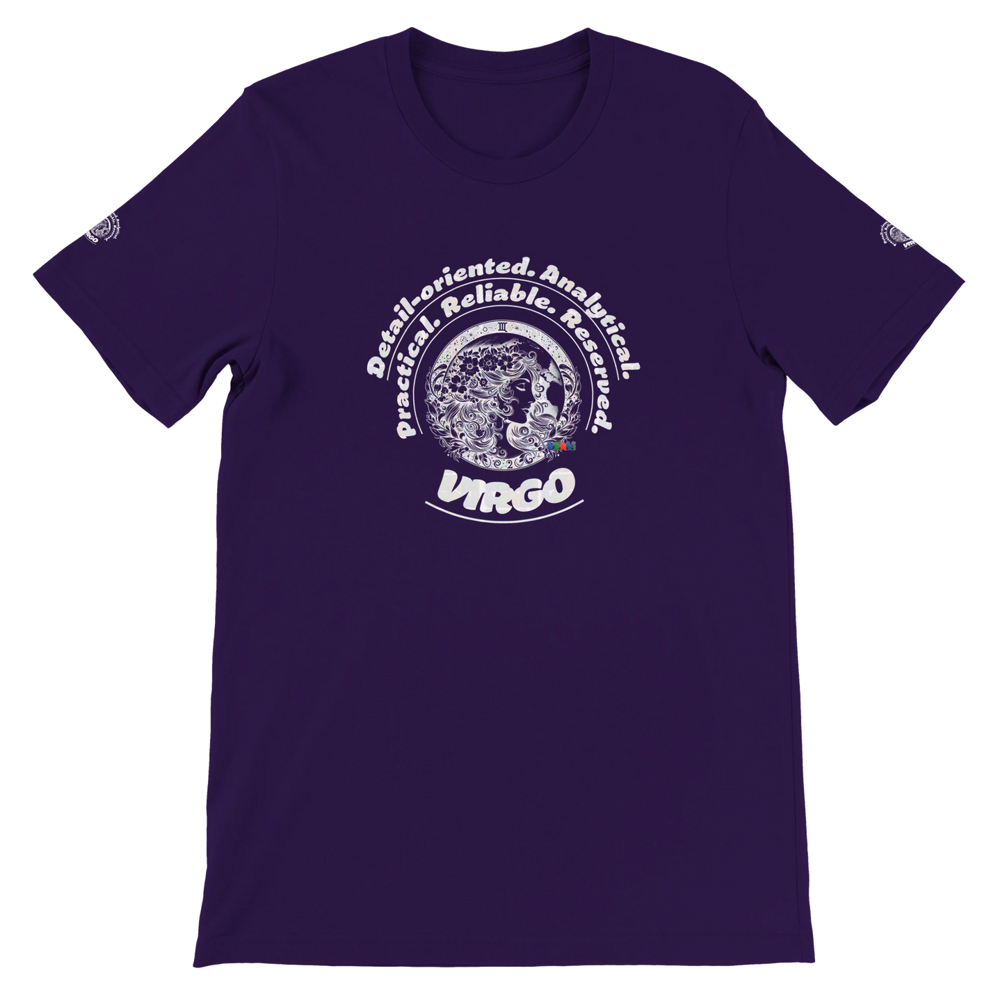 Purple unisex T-shirt with Virgo Astrology Horoscope. Detail-oriented. Motto of If you can't measure it, it doesn't exist!
